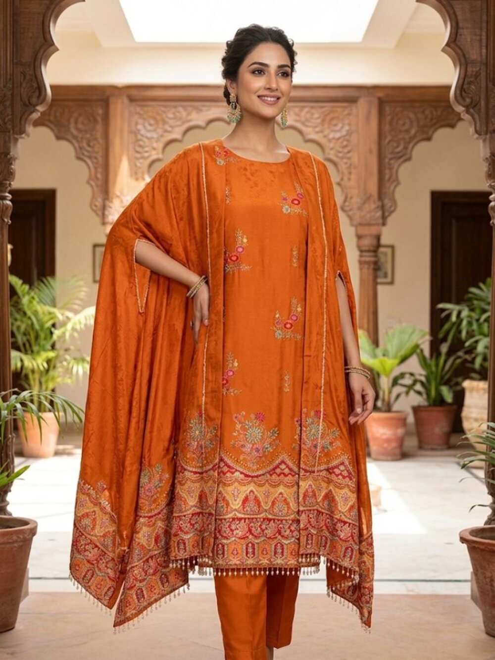 Women's 3-Piece Rust Orange Embroidered Kurta Set, Festive Ethnic Tunic Suit